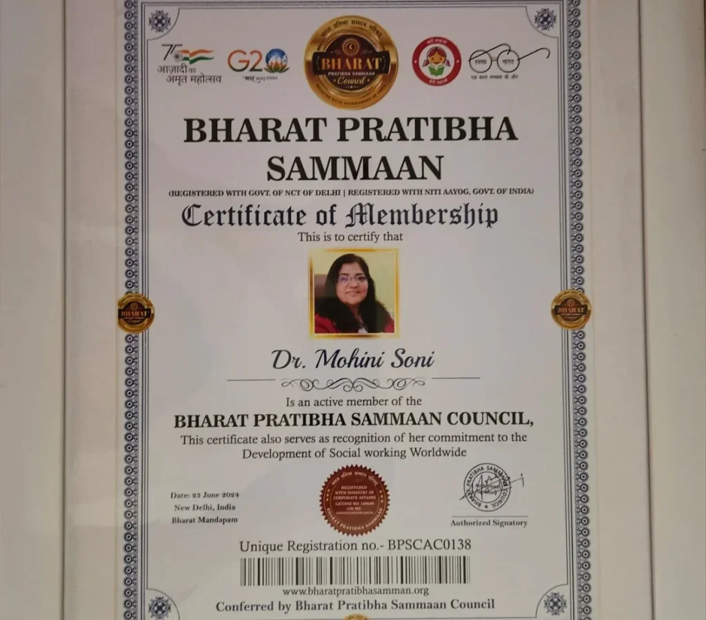 Bharat Pratibha Sammaan Council certificate of membership awarded to Dr. Mohini Soni