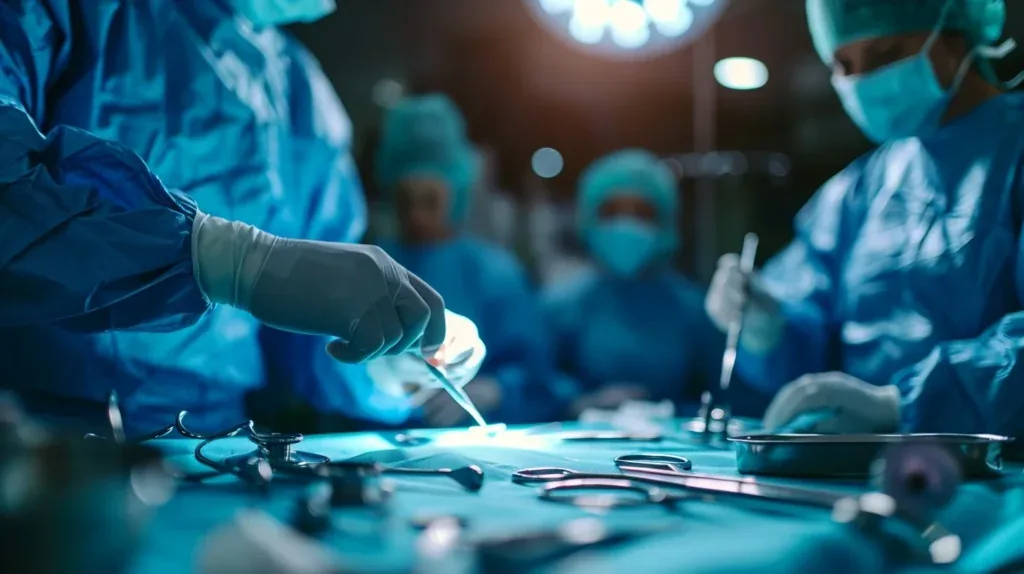 Surgical team performing a laparoscopic procedure in an operating room